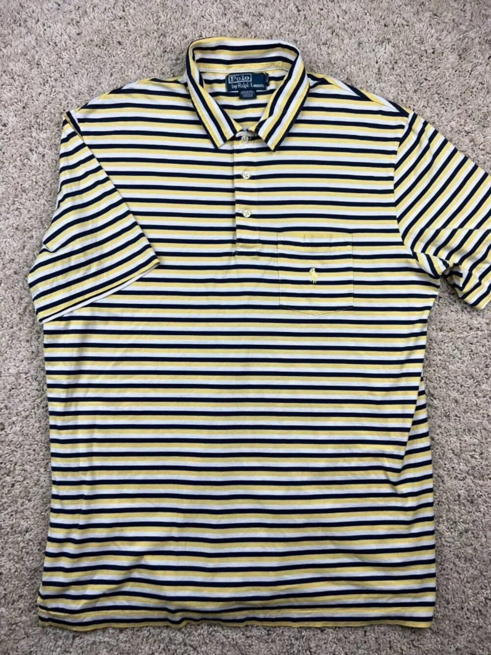 Polo Ralph Lauren Polo Shirt Large Yellow White Navy Blue Striped Yellow Pony